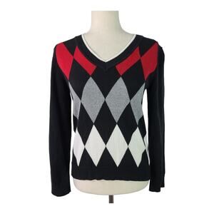 Liz Claiborne Liz Golf Black Gray Red White Argyle V Neck Vintage Sweater Small